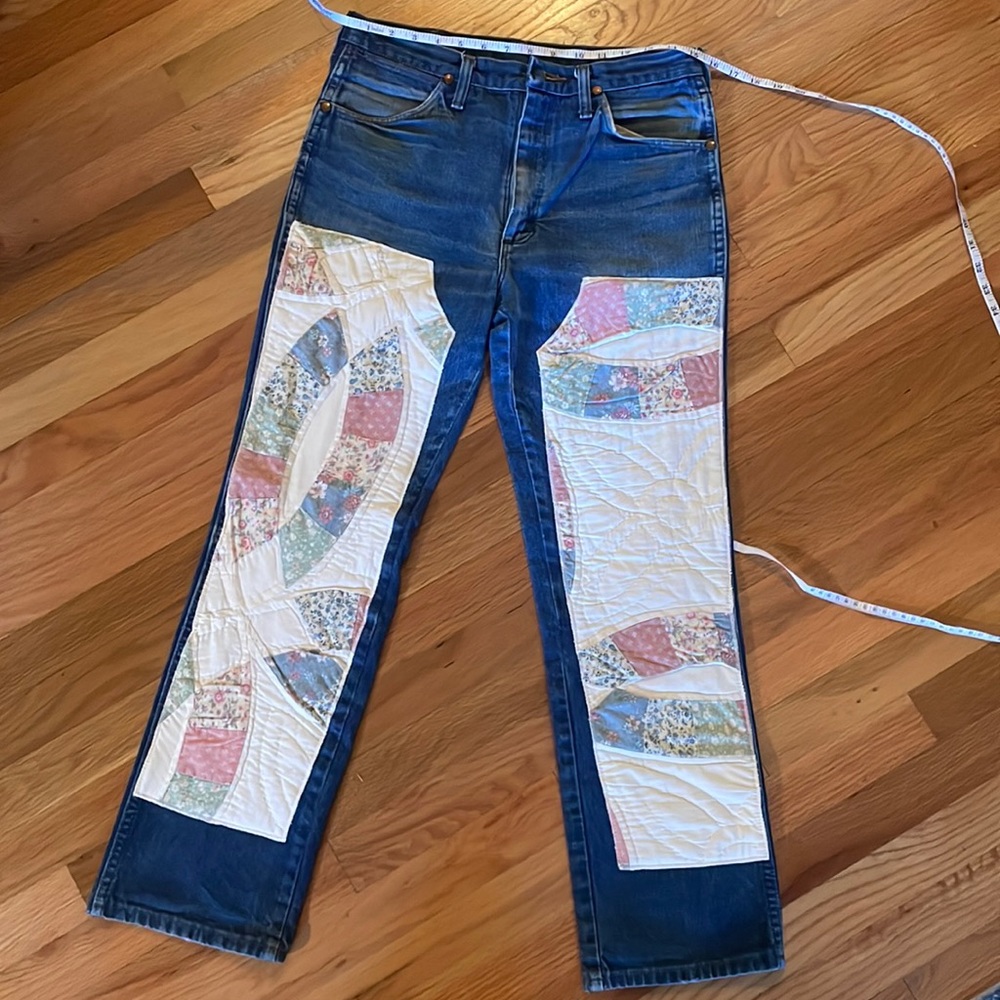 Wrangler Jeans With Vintage Patchwork Quilt Knee Patches